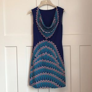 COWL NECK DRESS  in Spectacular PEACOCK PRINT